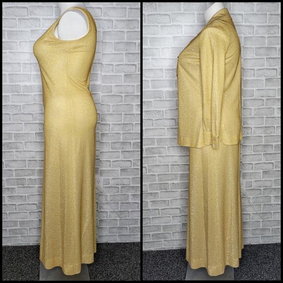 VTG 70s Gold Lurex 2 Piece Maxi Dress & Jacket Set - Picture 2 of 11